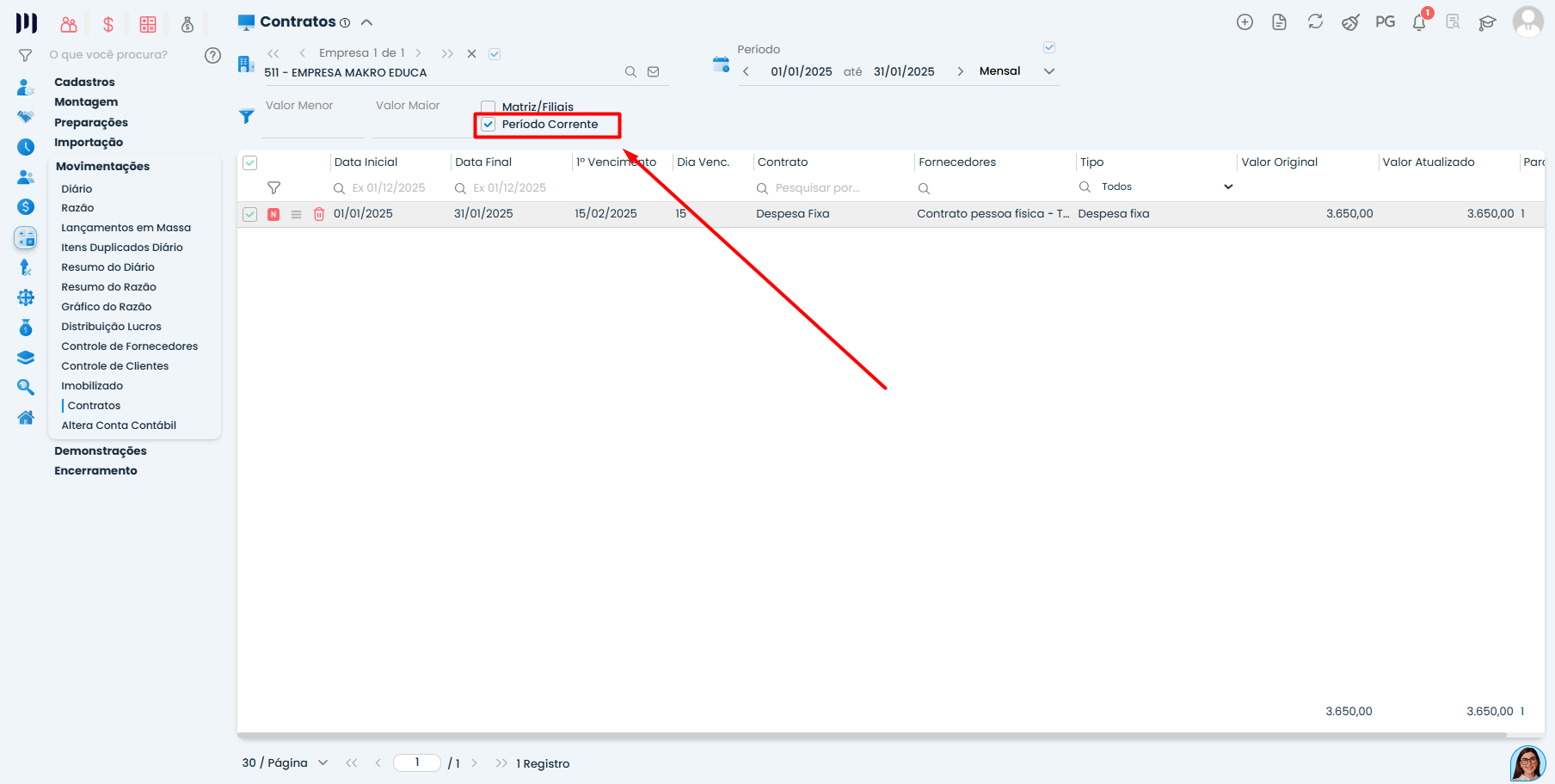 Tela do Sistema Contábil Makro destacando o filtro Período Corrente para replicar contratos de despesa fixa corretamente.