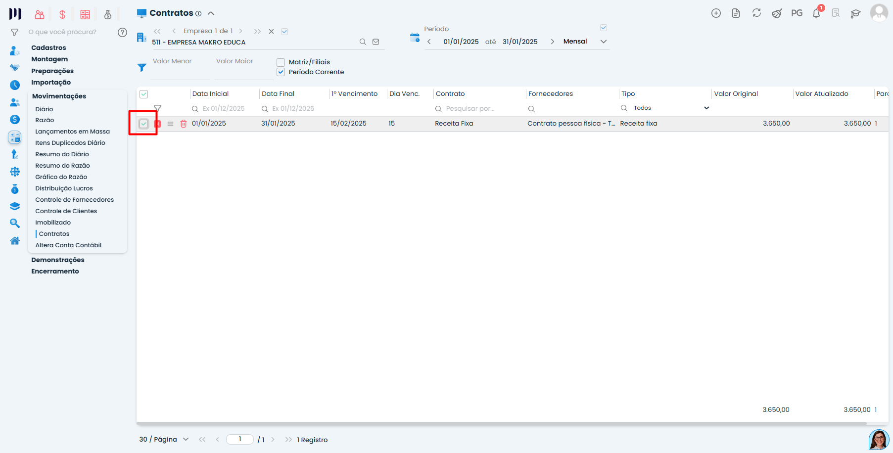 Tela do Sistema Contábil Makro com contrato selecionado destacado para replicação em contratos de receita fixa - Parte 1, evidenciando caixa de seleção marcada.