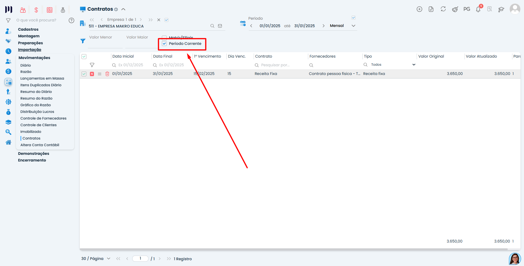 Tela do Sistema Contábil Makro com destaque no filtro Período Corrente ativado para replicação de contratos Receita fixa - Parte 2.