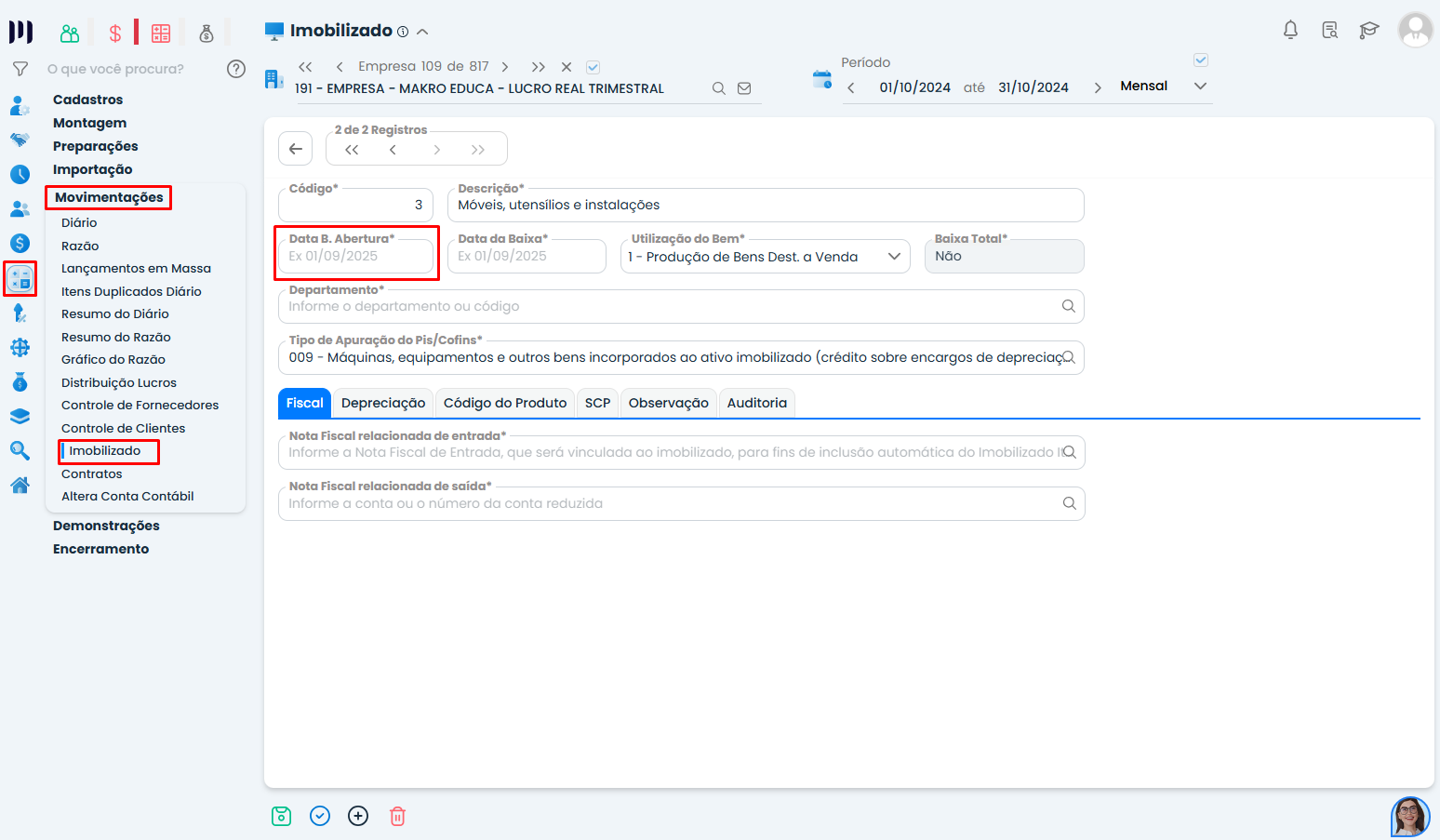 Interface do Sistema Contábil Makro na rotina Diário x Imobilizado Parte 2 exibindo campo Data B. Abertura destacado para ajuste correto do imobilizado.