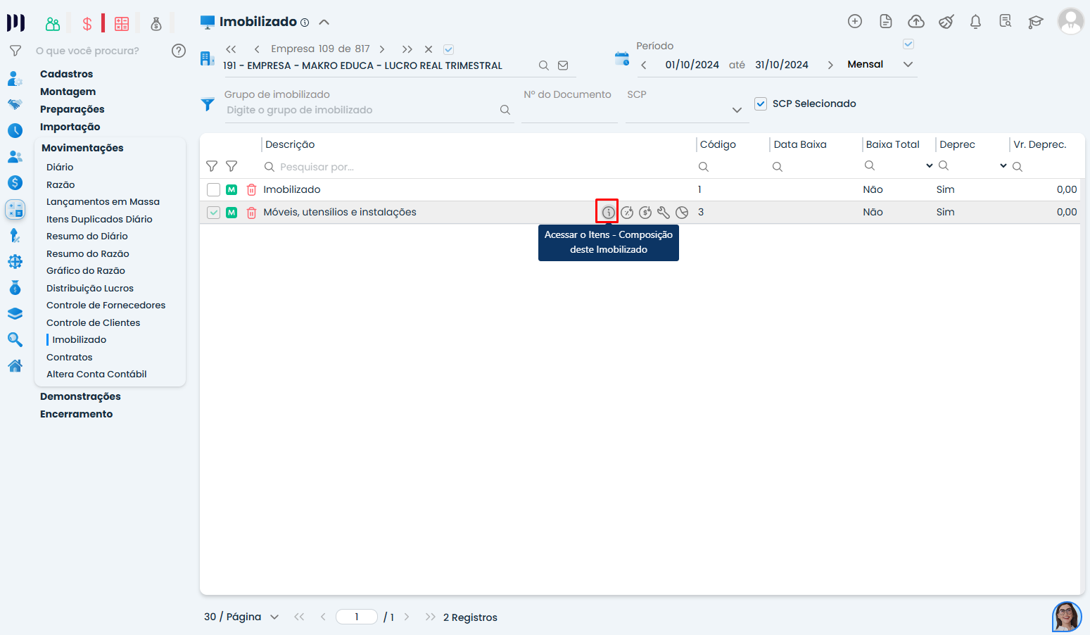 Tela do Sistema Contábil Makro em Diário x Imobilizado Parte 2 mostrando acesso aos itens de composição do imobilizado para conferência e contabilização.
