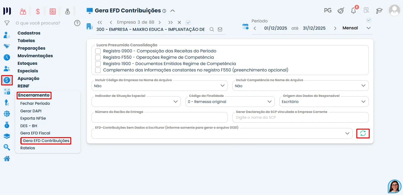 Tela do Sistema Contábil Makro com a geração do arquivo EFD-Contribuições e botão de processamento, reforçando a Obrigatoriedade no EFD-Contribuições.