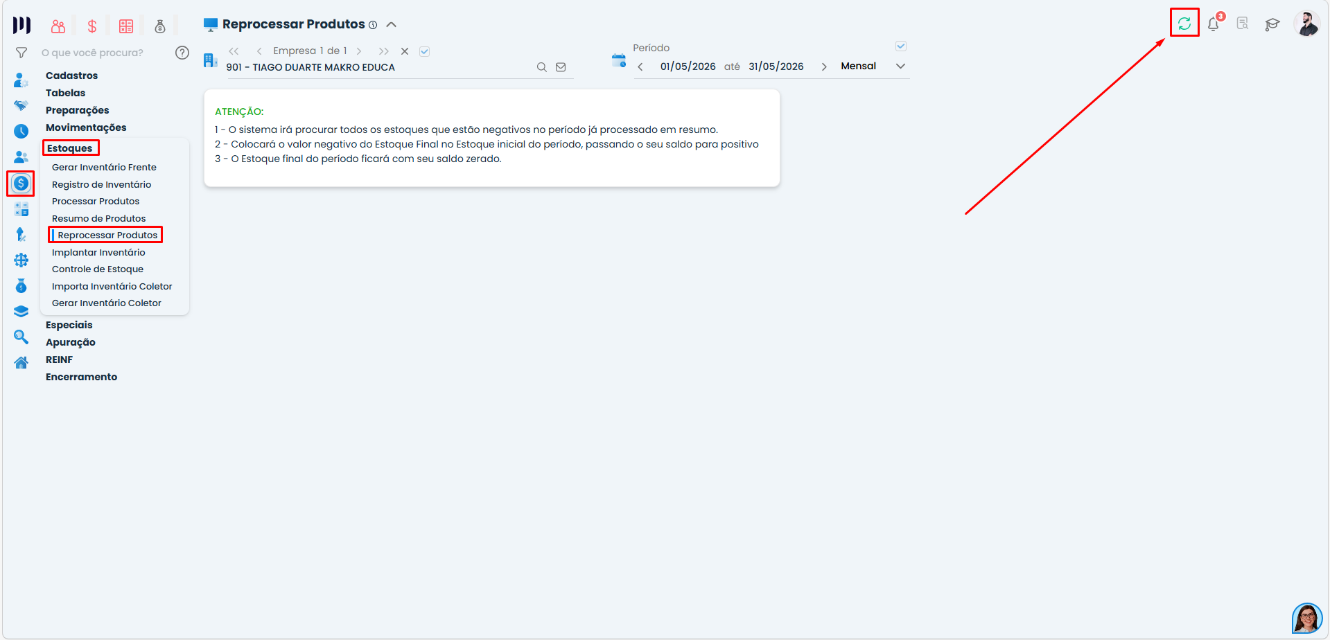 Tela do recurso Reprocessar Produtos no Sistema Contábil Makro, destacando a opção para corrigir estoque negativo e ajustar saldos processados.