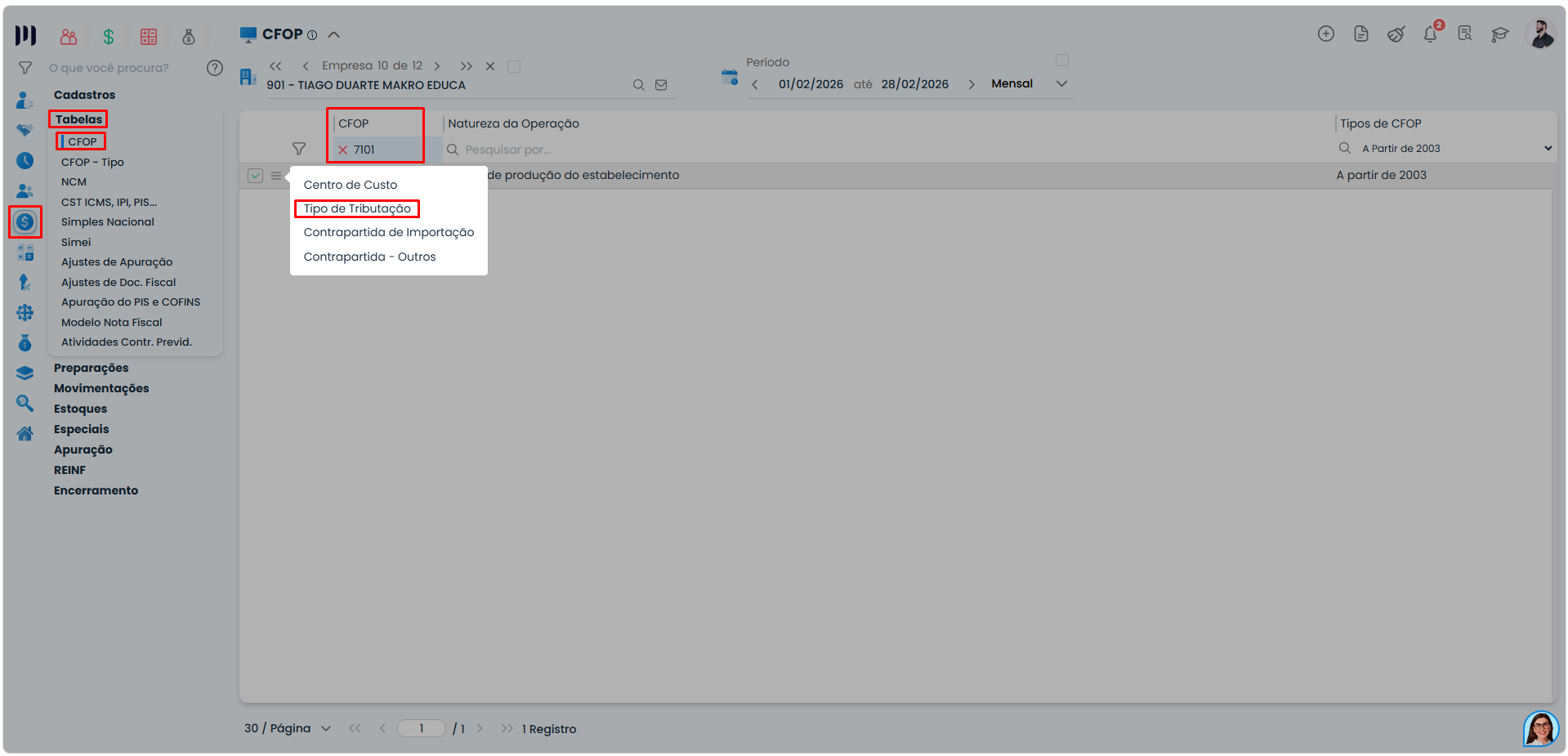Tela de cadastro de CFOP no Sistema Contábil Makro destacando a seleção do código 7101 para configuração de Exportação de Mercadoria.