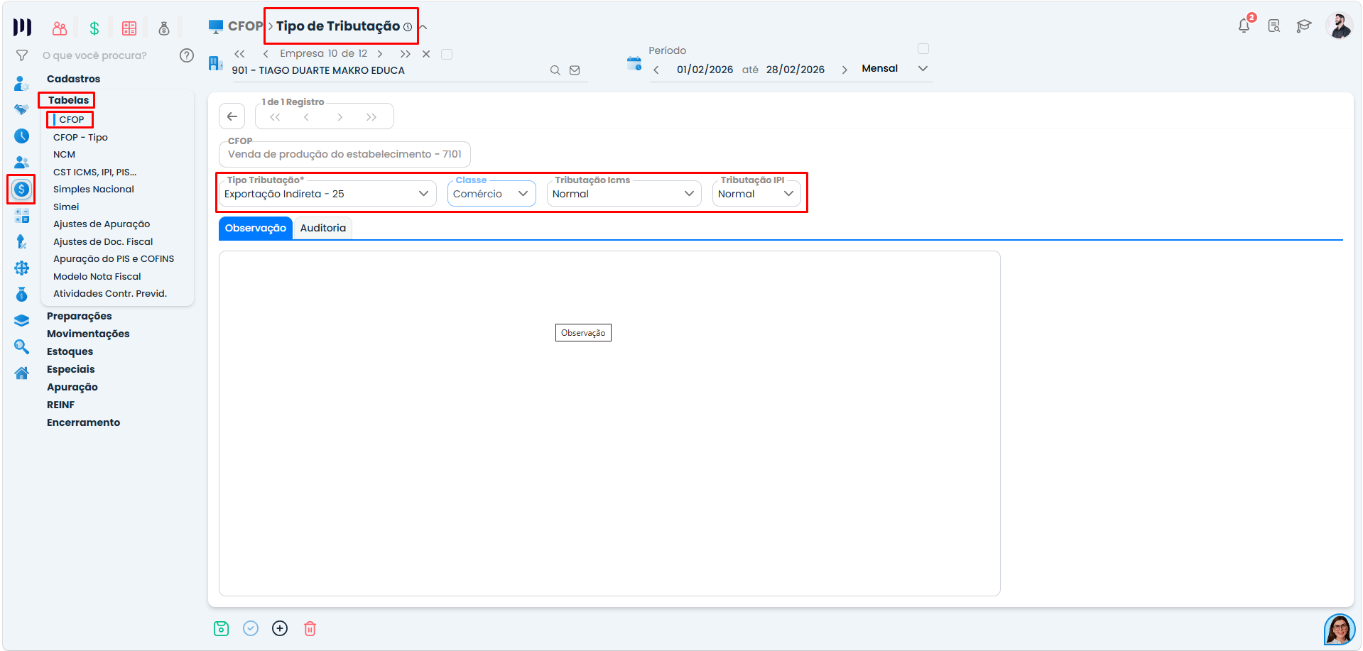 Tela de Tipo de Tributação no Sistema Contábil Makro com configuração de Exportação Indireta código 25 para Exportação de Mercadoria.