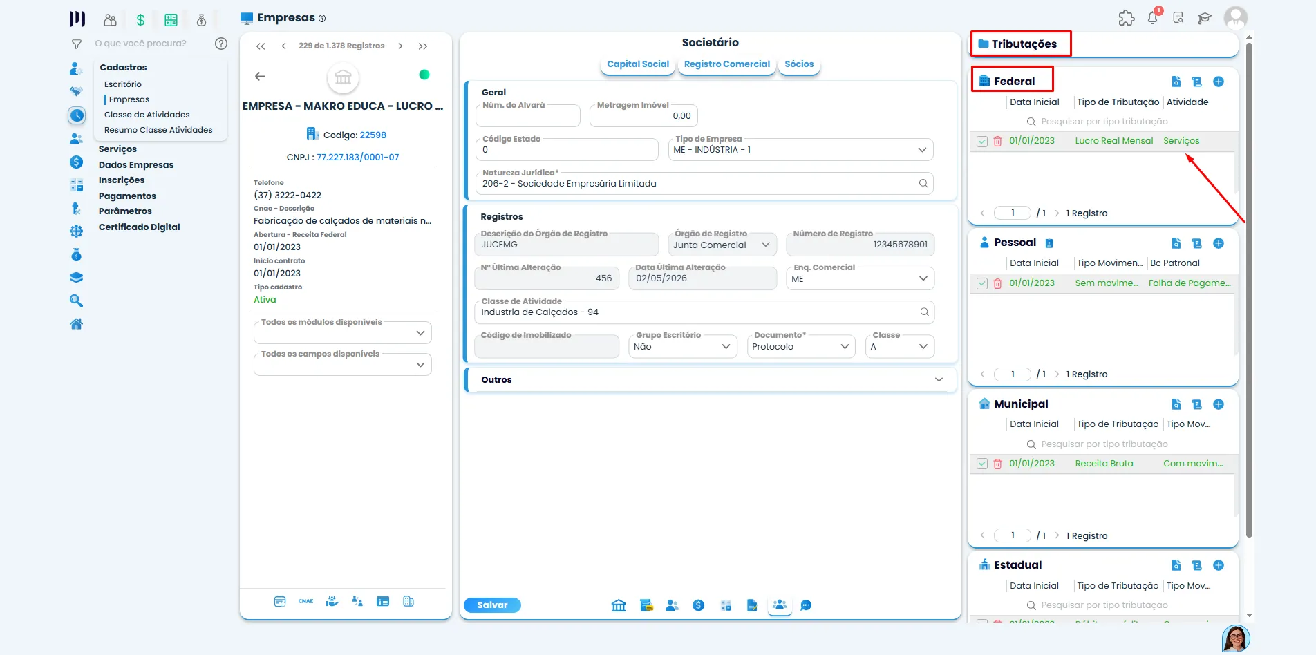 Painel de empresa no Sistema Contábil Makro com menu Tributações e opção Federal utilizada na Contabilização de Clientes: Configurações Essenciais.