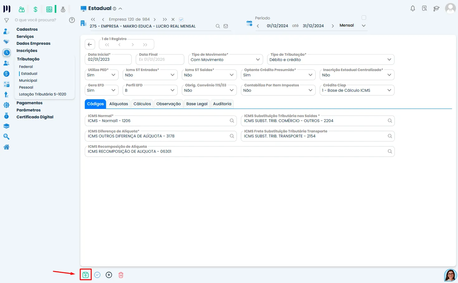 Tela do Sistema Contábil Makro exibindo a configuração salva para ECD com arquivo único, pronta para gerar a escrituração consolidada.