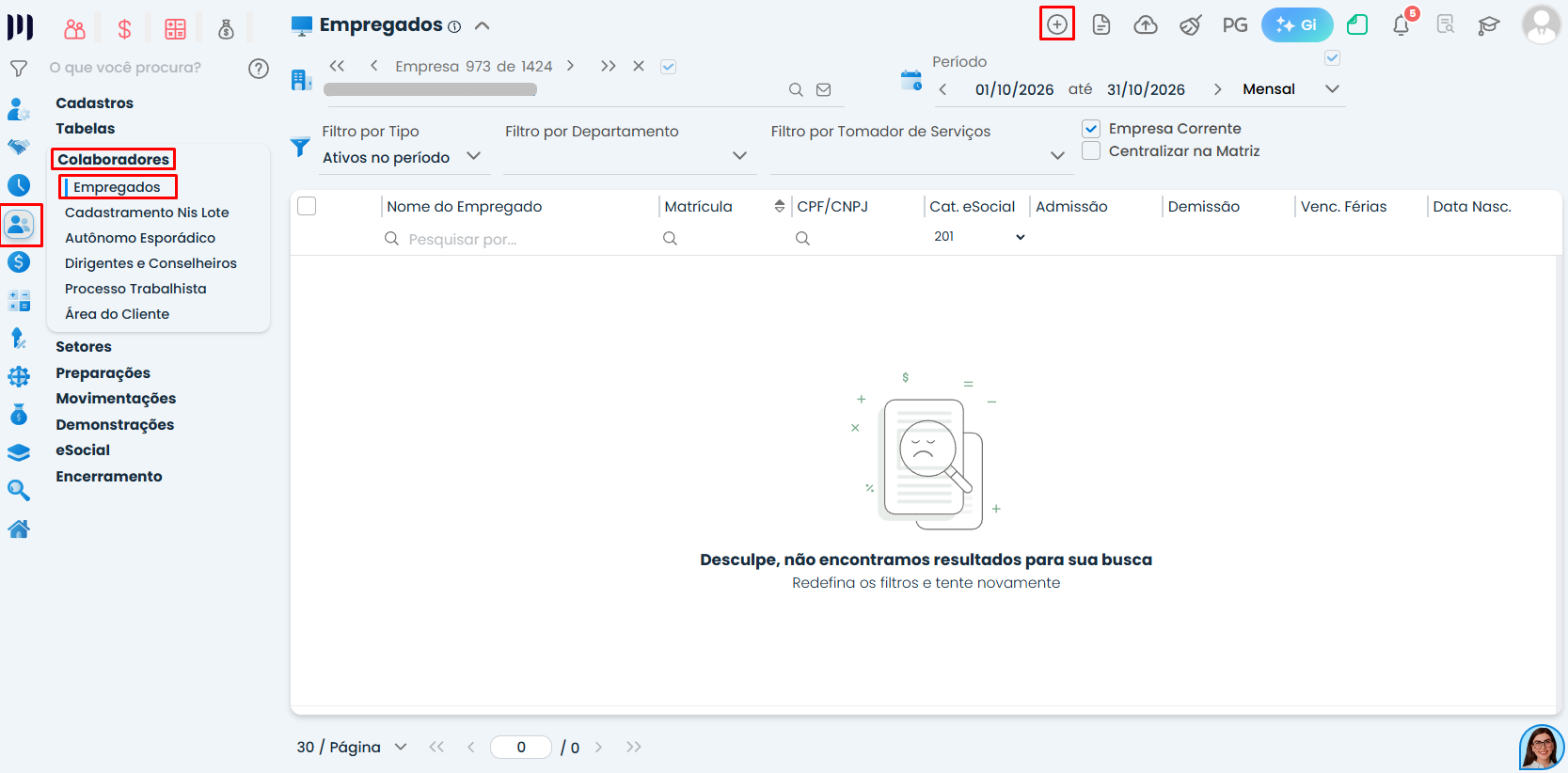 Tela de empregados do Sistema Contábil Makro com acesso ao menu de colaboradores para iniciar o processo de cadastro de estagiário.