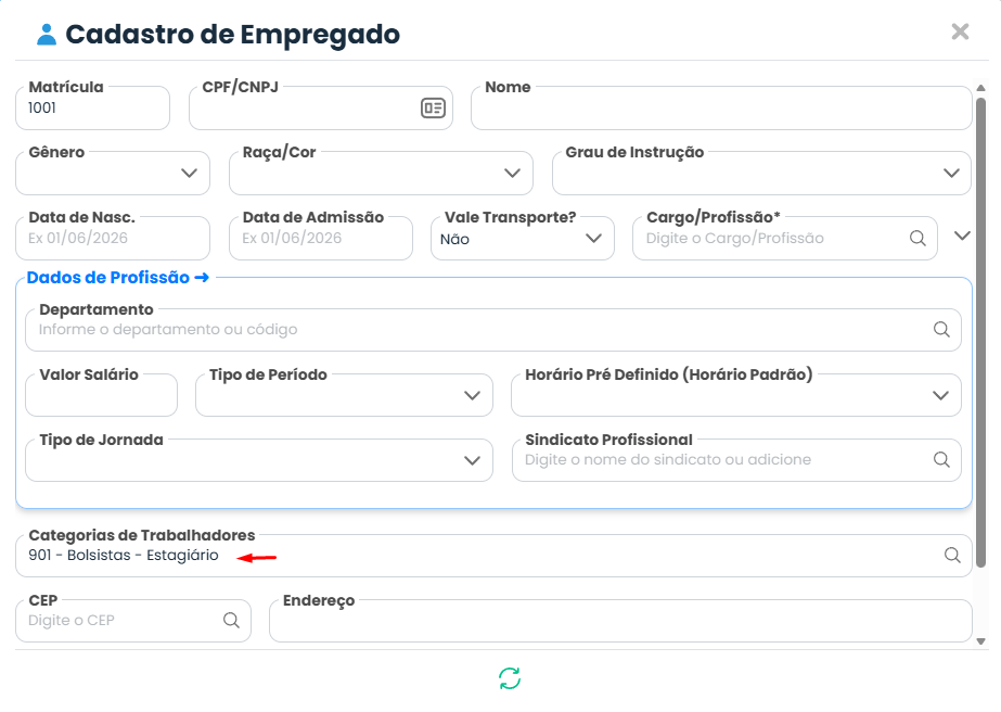 Formulário de cadastro no Sistema Contábil Makro com a categoria 901 Estagiário selecionada para realizar o cadastro de estagiário.