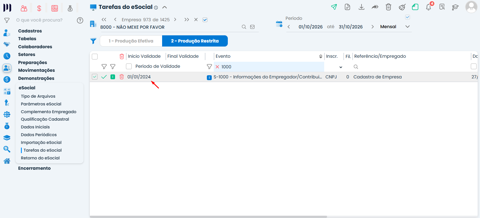 Visualização do evento S-1000 no Sistema Contábil Makro com data inicial de validade exibida para análise da rejeição eSocial 130.