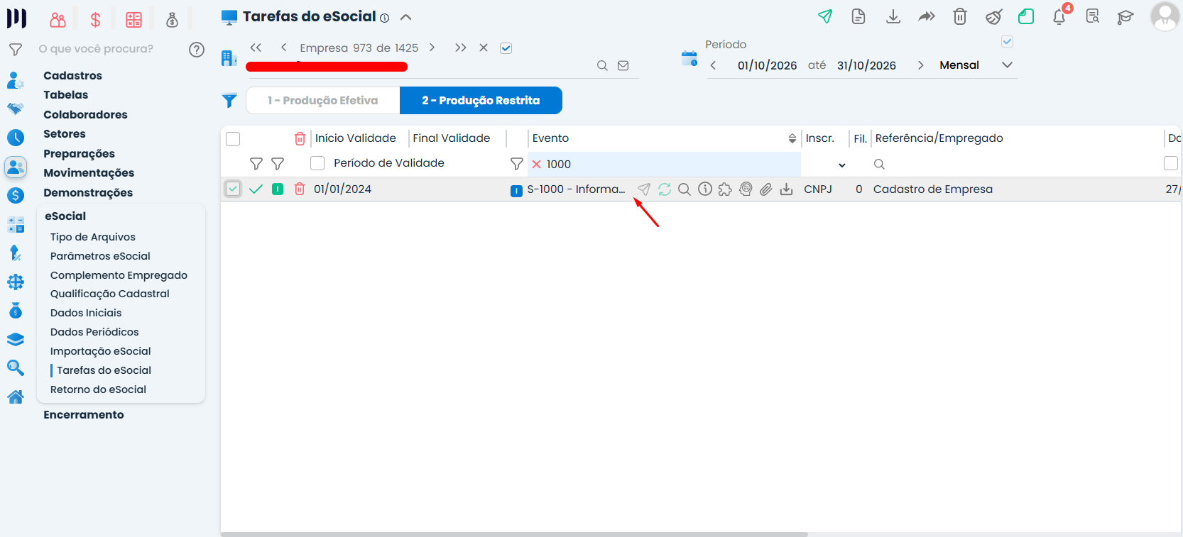 Lista de eventos do eSocial no Sistema Contábil Makro com destaque para o S-1000 e opção de edição utilizada na correção do eSocial 130.