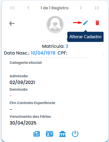 Tela de dados do colaborador no Sistema Contábil Makro destacando a opção Alterar Cadastro para configurar informações do Administrador/síndico.