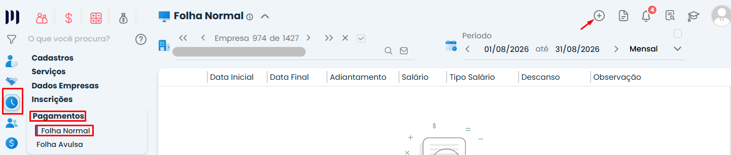 Tela do Sistema Contábil Makro destacando o menu Pagamentos e o acesso ao cadastro da Folha Normal para configurar a folha de pagamento da empresa.