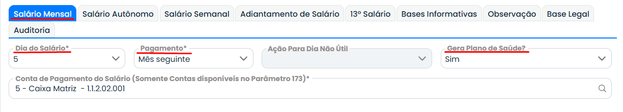 Tela do Sistema Contábil Makro com a aba Salário Mensal da Folha Normal, incluindo dia do salário, pagamento e plano de saúde automático.