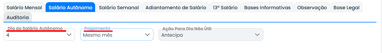 Tela do Sistema Contábil Makro apresentando a aba Salário Autônomo da Folha Normal com configurações de pagamento e ação para dia não útil.