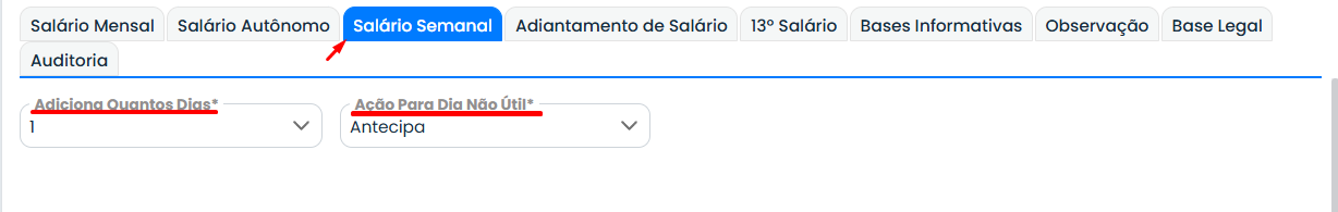 Tela do Sistema Contábil Makro exibindo a aba Salário Semanal da Folha Normal com os campos adicionar quantos dias e ação para dia não útil.
