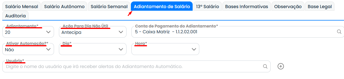 Tela do Sistema Contábil Makro mostrando a aba Adiantamento de Salário da Folha Normal com opções de automação, horário e usuário responsável.