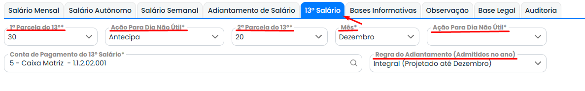 Tela do Sistema Contábil Makro exibindo a aba 13º Salário da Folha Normal com configurações das parcelas, pagamento e regra de adiantamento.