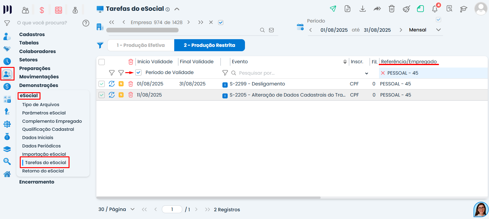 Tela do Sistema Contábil Makro exibindo o menu Tarefas do eSocial para localizar eventos do colaborador relacionados ao erro eSocial 677.