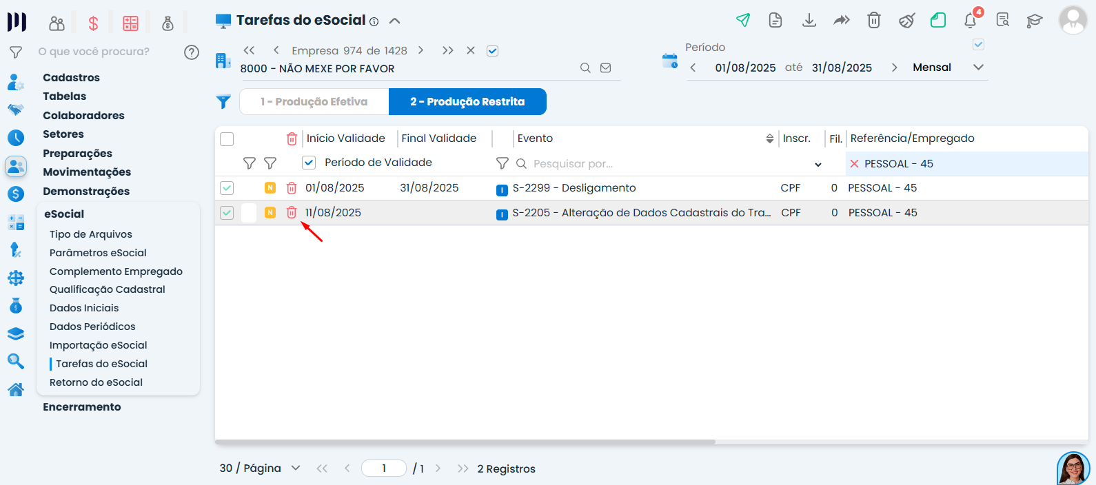 Tela do Sistema Contábil Makro destacando evento com vigência posterior ao desligamento para correção da rejeição eSocial 677.