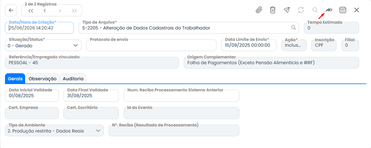 Tela do Sistema Contábil Makro mostrando o evento S-2205 aberto e o botão de duplicar para ajustar a vigência conforme o eSocial 677.