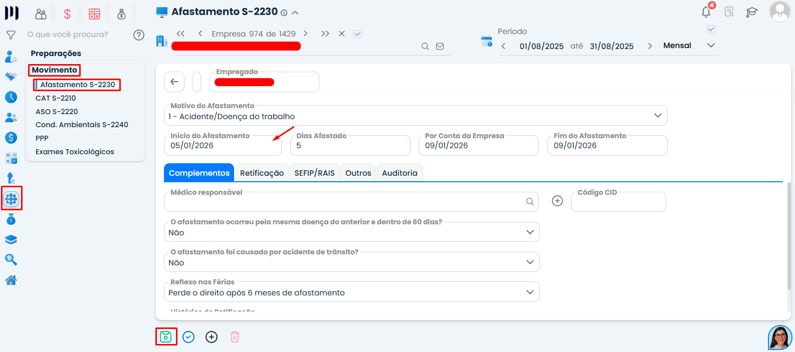 Tela do Sistema Contábil Makro exibindo o cadastro de Afastamento S-2230 com destaque para a data inicial do afastamento, relacionada ao erro eSocial 370.