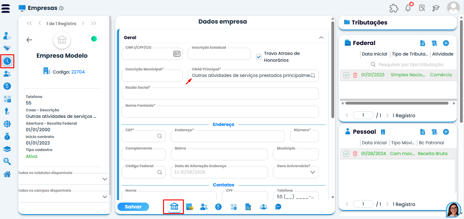 Tela do cadastro de empresas no Sistema Contábil Makro destacando o campo CNAE Principal para corrigir o erro eSocial 349 conforme a Receita Federal.