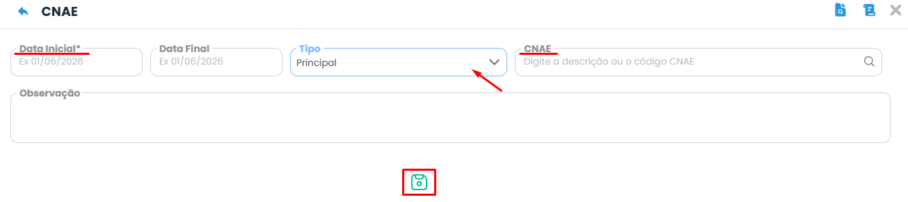 Tela de inclusão de CNAE no Sistema Contábil Makro mostrando o cadastro do CNAE principal para corrigir o erro eSocial 349.