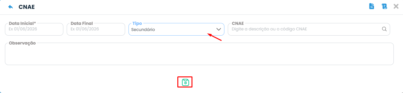 Tela de cadastro de CNAE secundário no Sistema Contábil Makro destacando o tipo de atividade para atender às exigências do eSocial 349.