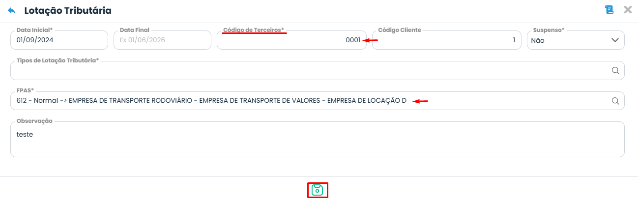 Tela da Lotação Tributária no Sistema Contábil Makro mostrando os campos Código de Terceiros e FPAS para corrigir Código de terceiros incompatível com o FPAS.