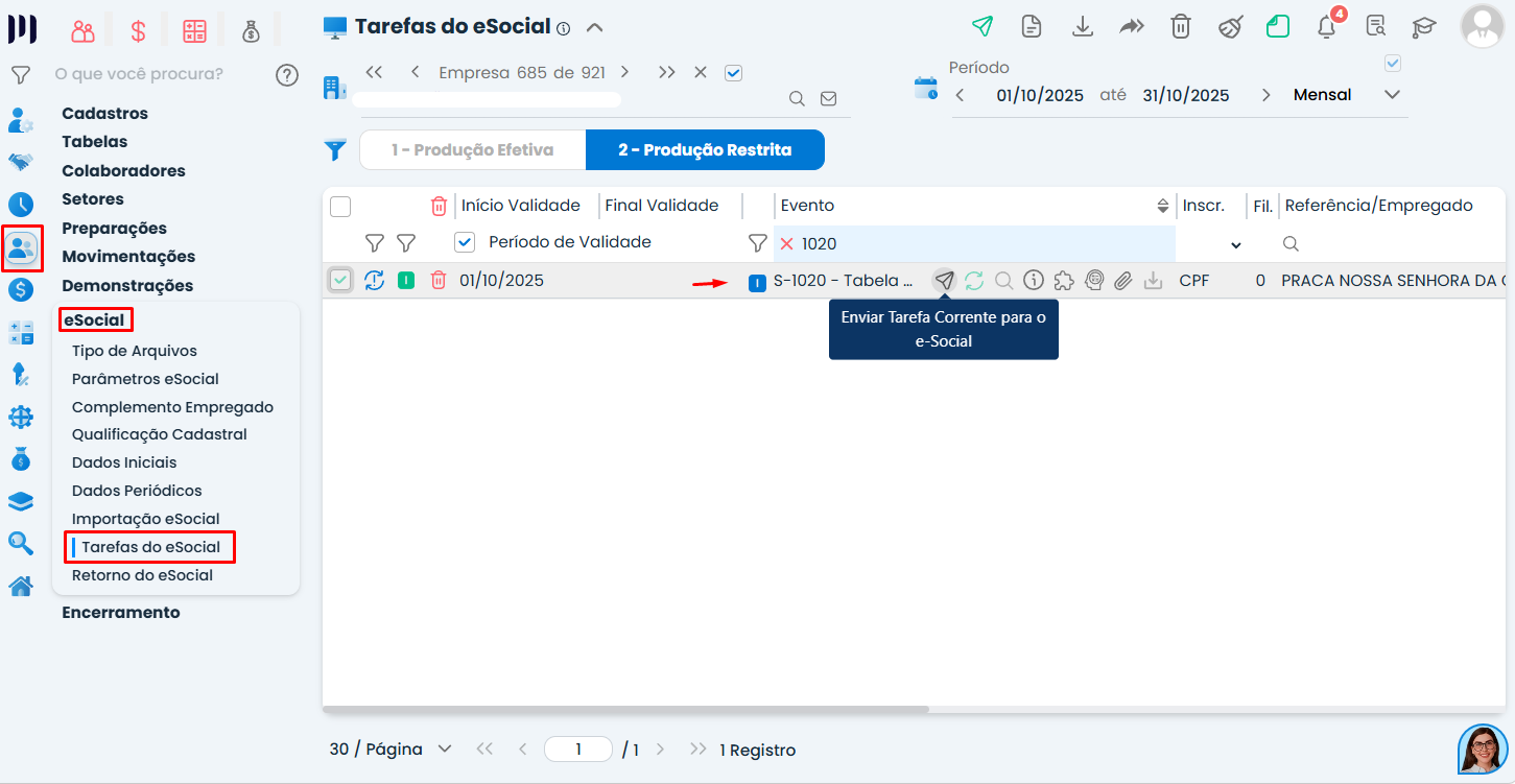 Tela de Tarefas do eSocial no Sistema Contábil Makro exibindo o envio do evento S-1020 após corrigir Código de terceiros incompatível com o FPAS.