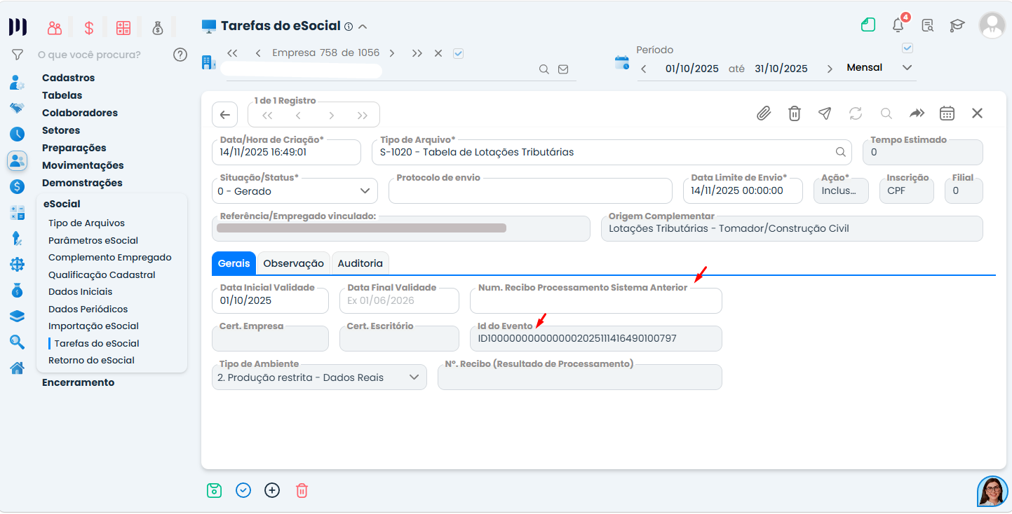 Tela do Sistema Contábil Makro exibindo o evento S-1020 com campos de recibo e ID destacados para conferir o erro eSocial 105.