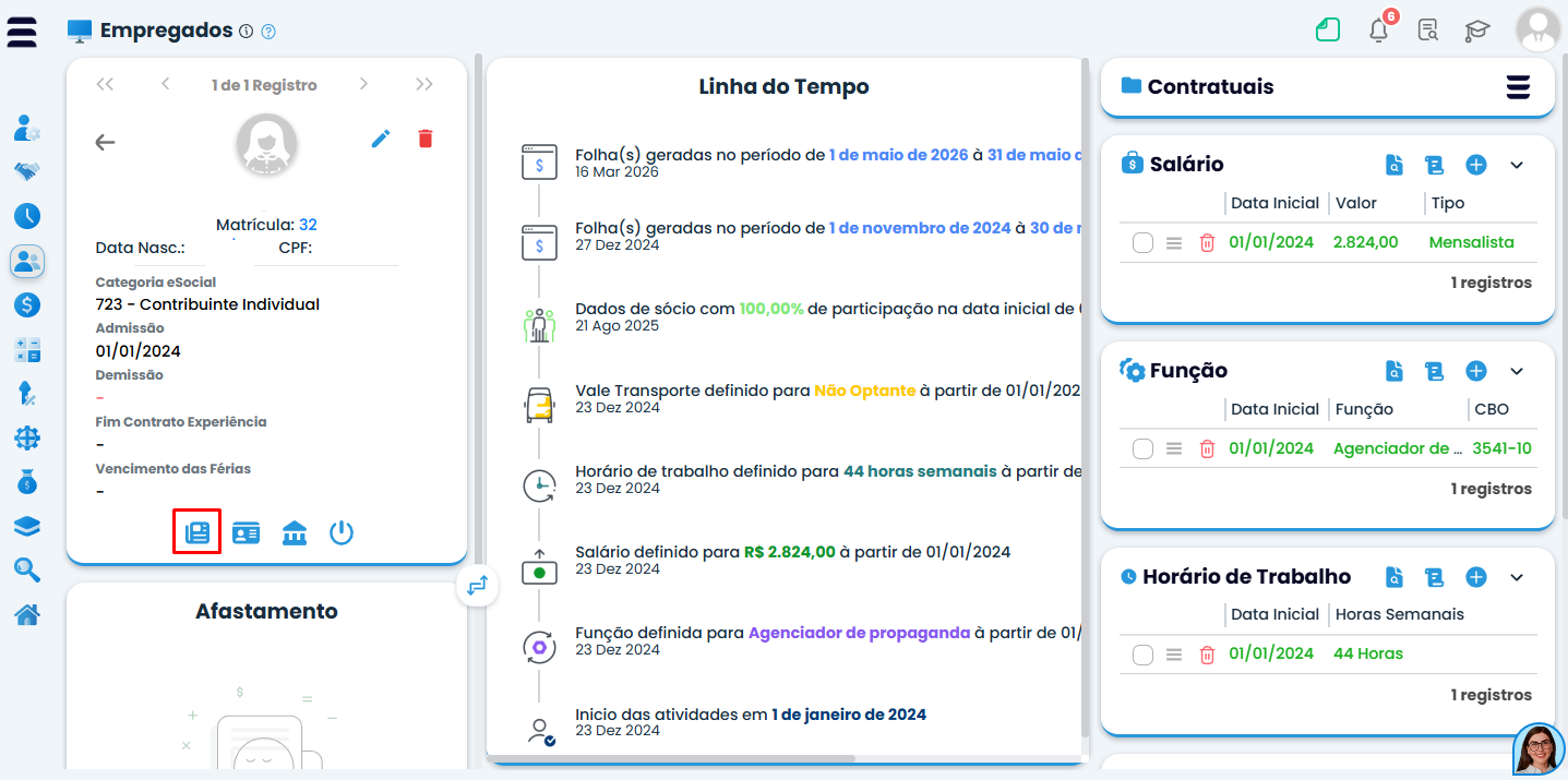 Painel do colaborador no Sistema Contábil Makro com destaque para o acesso à aba Contratuais, etapa de validação do eSocial 261.