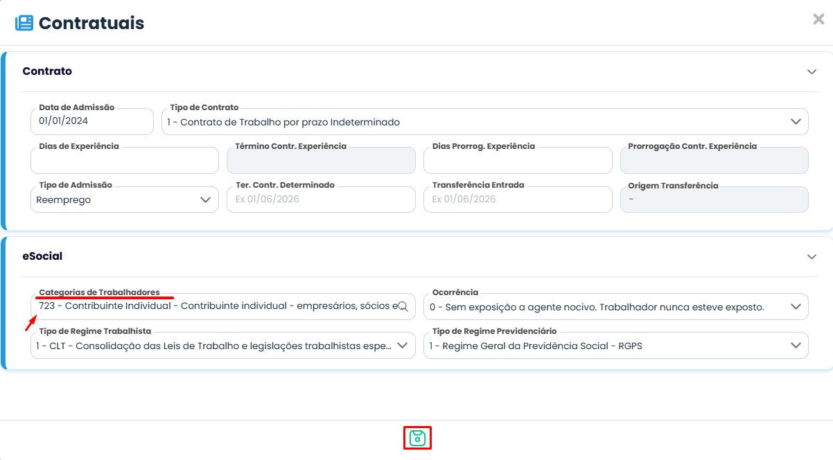 Tela Contratuais do Sistema Contábil Makro exibindo o campo Categoria de Trabalhadores para corrigir o erro eSocial 261.