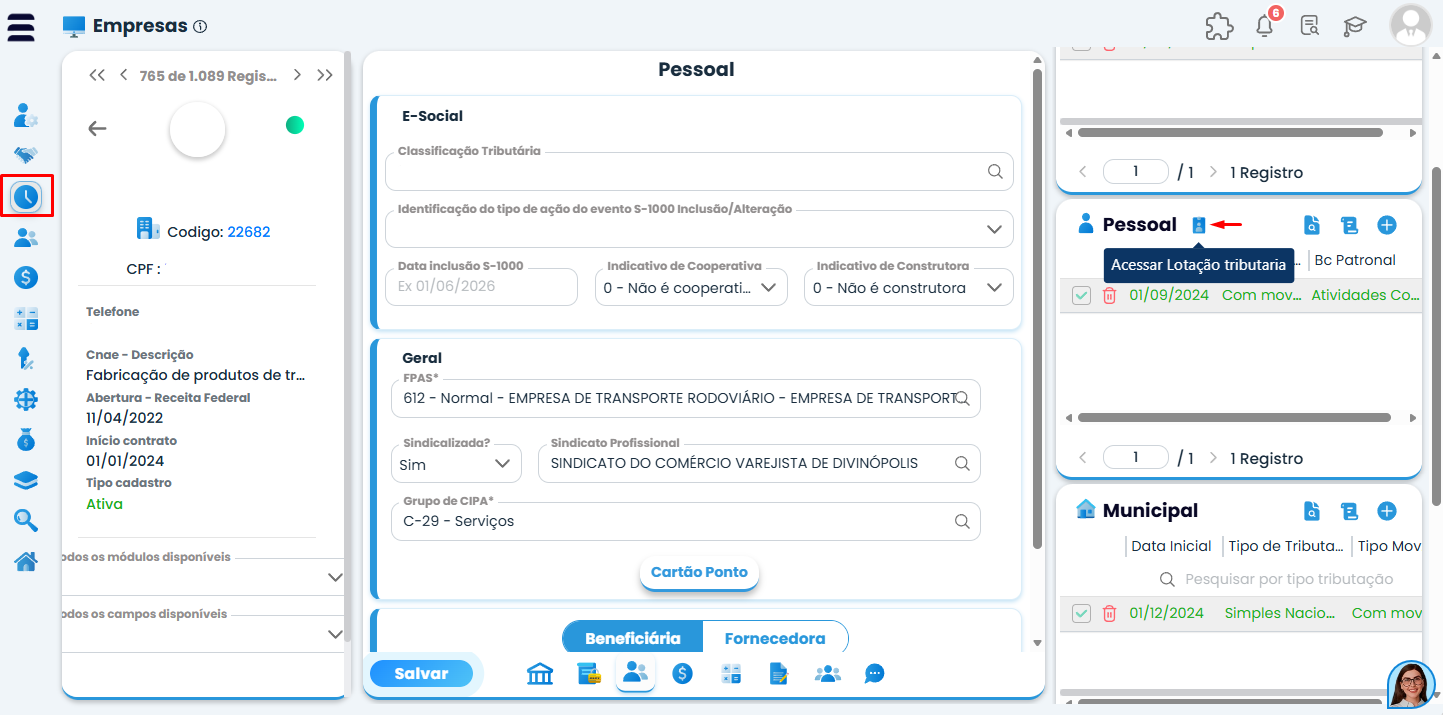 Tela de Empresas no Sistema Contábil Makro destacando o acesso à Lotação Tributária para verificar informações do eSocial 261.