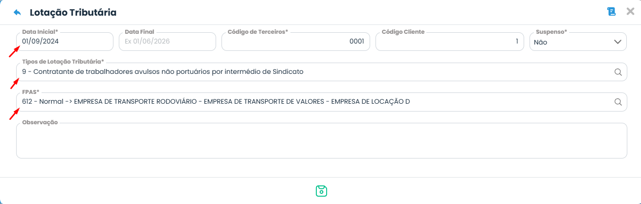Tela de Lotação Tributária no Sistema Contábil Makro exibindo tipo de lotação e FPAS para validação do erro eSocial 261.