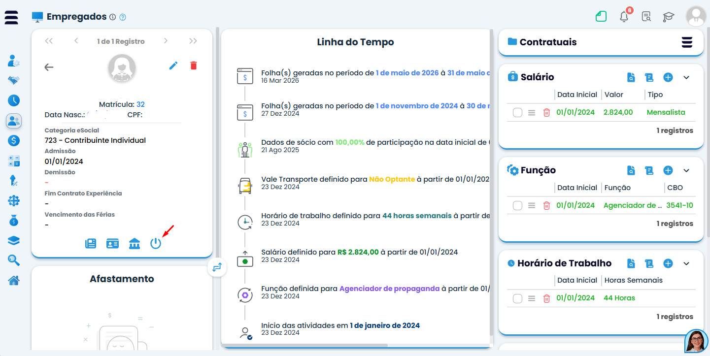 Tela do Sistema Contábil Makro destacando o acesso à aba de desligamento do colaborador para corrigir o erro eSocial: 1537 data inválida.