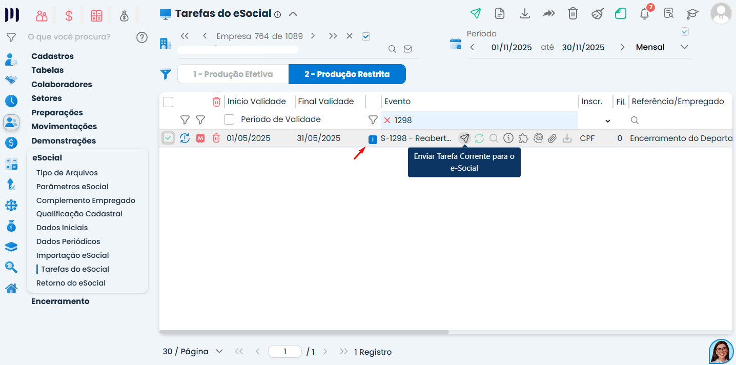 Tela de Tarefas do eSocial no Sistema Contábil Makro exibindo o evento S-1298 de reabertura para solucionar o eSocial 620 com segurança.