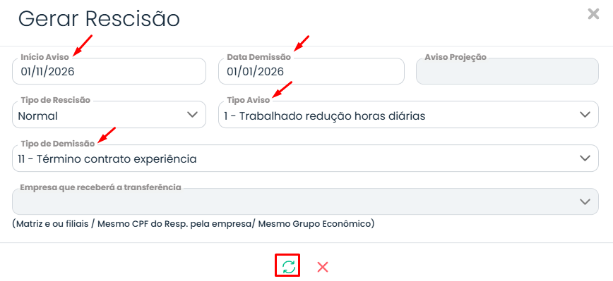 Tela do Sistema Contábil Makro com a janela Gerar Rescisão destacando os Campos da TRCT para informar datas, aviso e tipo de demissão corretamente.
