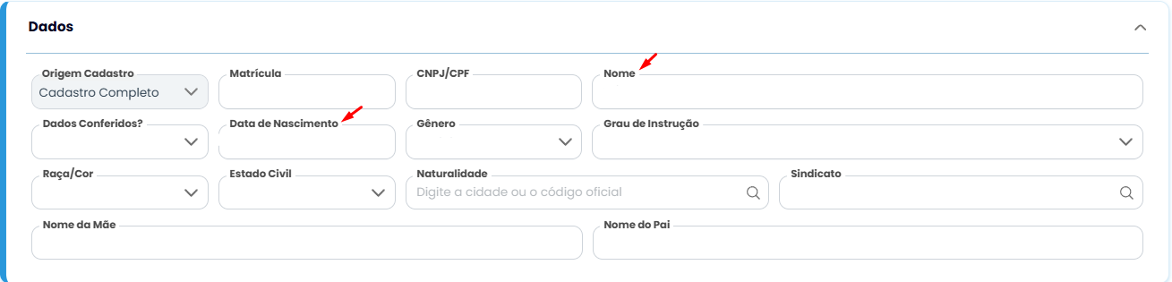 Tela de dados cadastrais do Sistema Contábil Makro destacando os campos Nome e Data de Nascimento para corrigir o erro eSocial 176.