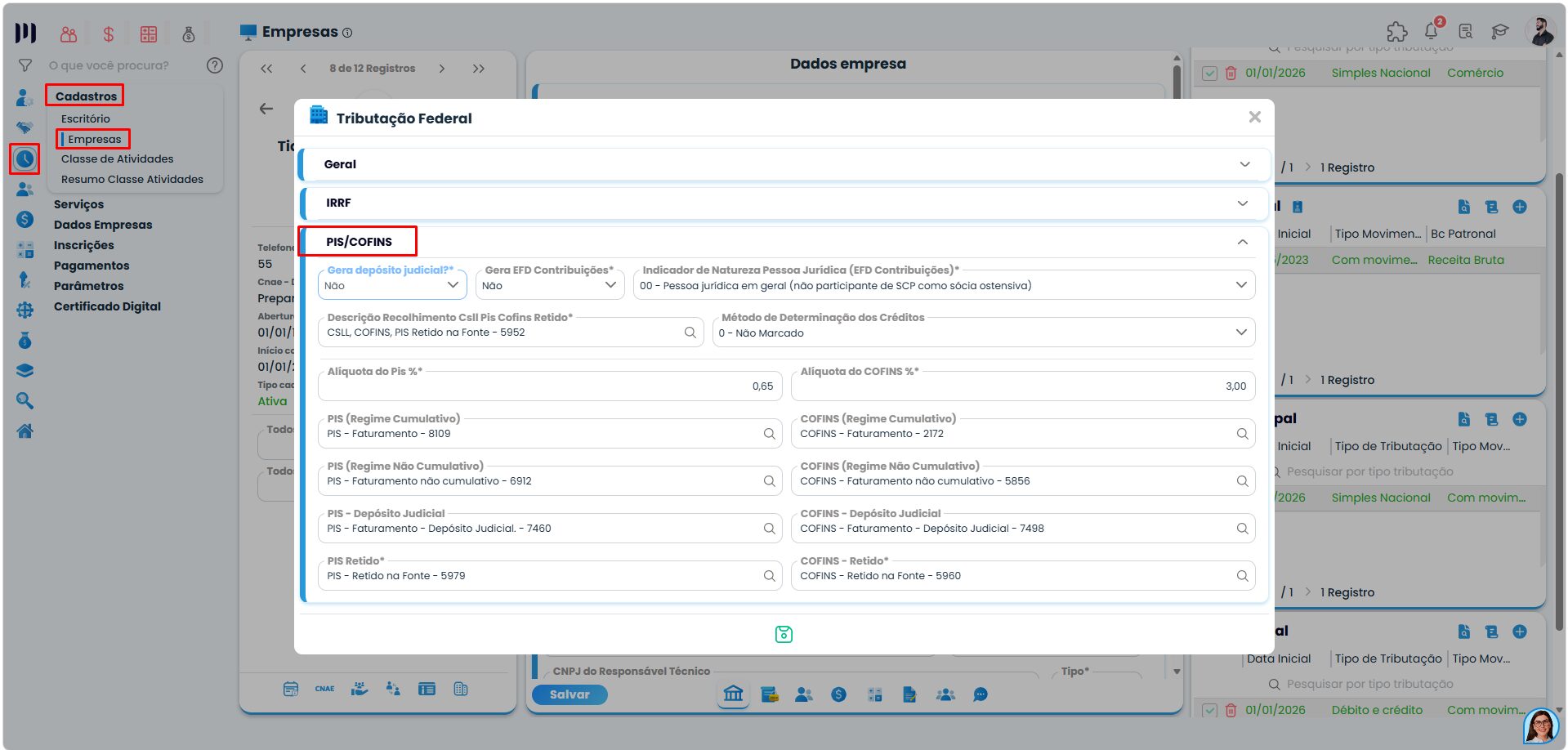 Tela de Tributação Federal com aba de PIS e COFINS destacada no Sistema Contábil Makro para configurar PIS e COFINS nas notas fiscais de saída.