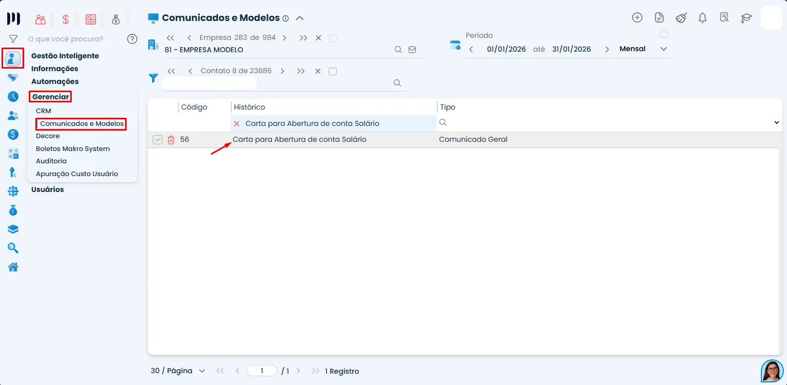 Tela do Sistema Contábil Makro exibindo o menu Administrar > Gerenciar > Comunicados e Modelos, para editar texto de um relatório existente.