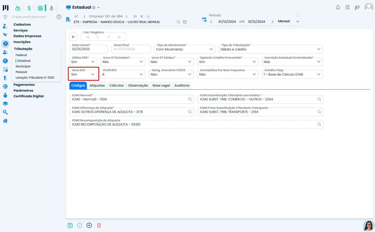 Tela de tributação estadual no Sistema Contábil Makro com o campo "Gera EFD" configurado como "Sim" para gerar ECD com arquivo único.