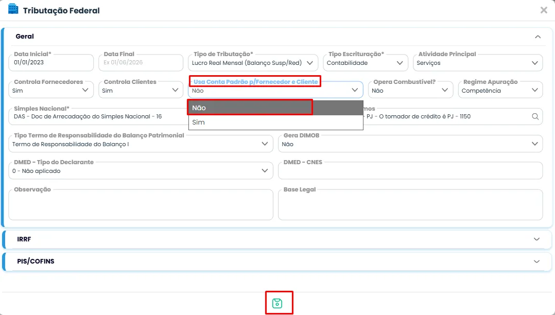 Configuração tributária no Sistema Contábil Makro exibindo parâmetro de conta padrão para cliente ajustado na Contabilização de Clientes: Configurações Essenciais.
