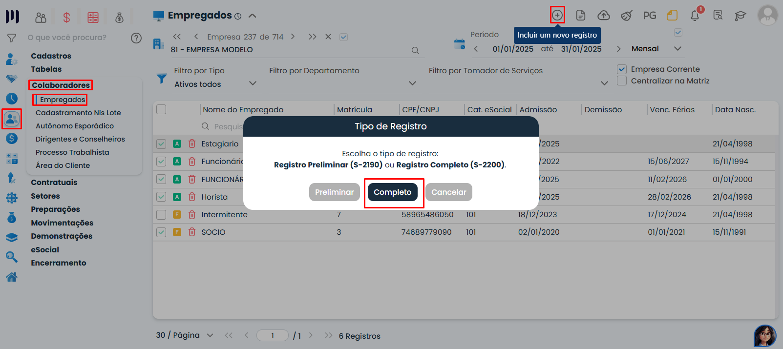 Tela de inclusão de empregado no Sistema Contábil Makro destacando a criação de cadastro para Administrador/síndico com opção de registro completo.