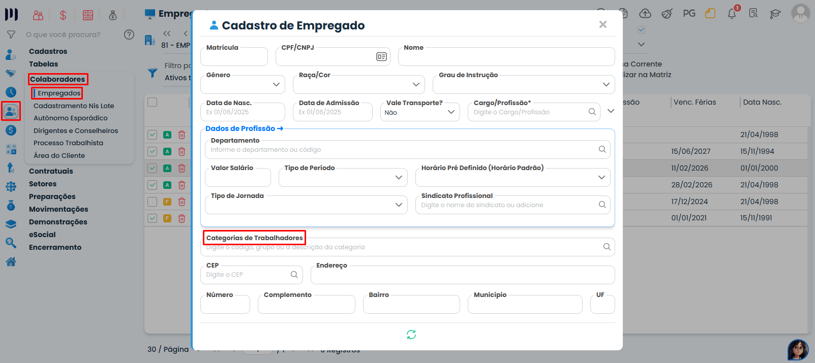 Formulário de cadastro de empregado no Sistema Contábil Makro com campos de salário, função e categoria para Administrador/síndico.