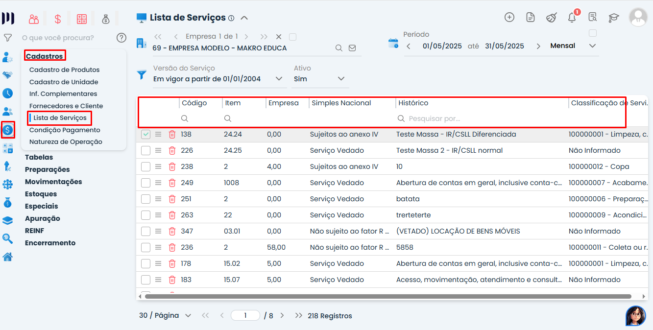 Tela da Lista de Serviços no Sistema Contábil Makro destacando o menu de cadastro e pesquisa para configurar Alíquotas Diferenciadas de IRPJ e CSLL.