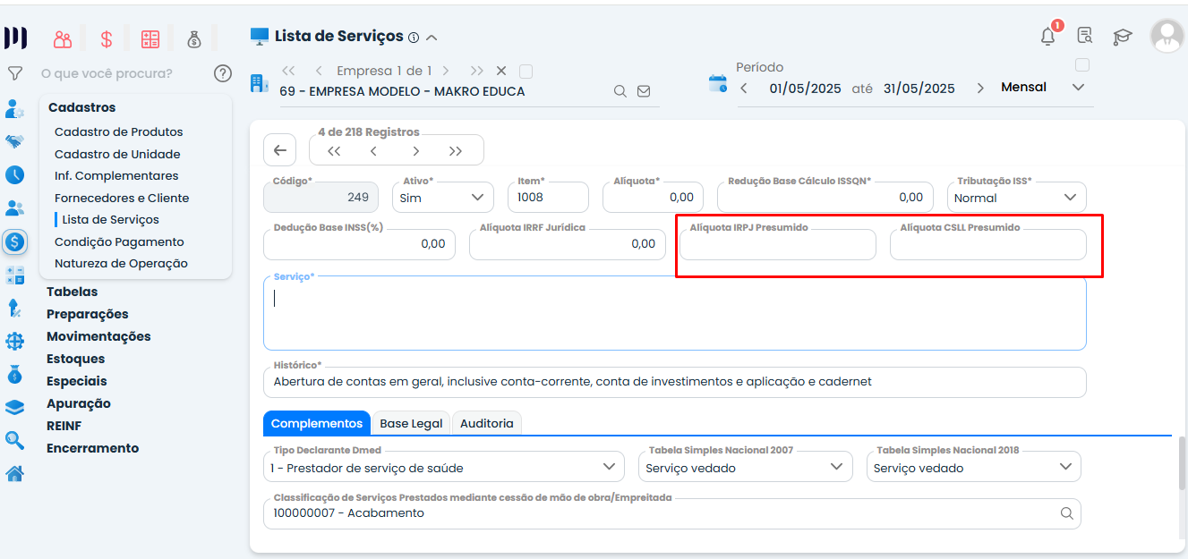 Tela de cadastro da Lista de Serviços no Sistema Contábil Makro destacando os campos de Alíquotas Diferenciadas de IRPJ e CSLL para preenchimento.