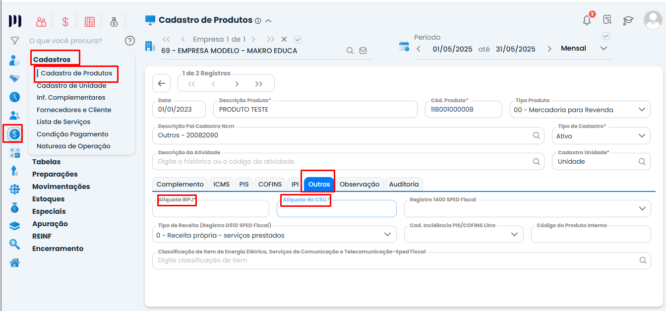 Cadastro de Produtos no Sistema Contábil Makro destacando os campos de Alíquotas Diferenciadas de IRPJ e CSLL na aba Outros para configuração fiscal.