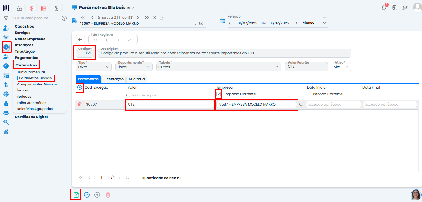 Tela do Sistema Contábil Makro com o parâmetro global 365 configurado para vincular o Conhecimento de Transporte para o sistema à empresa corrente.